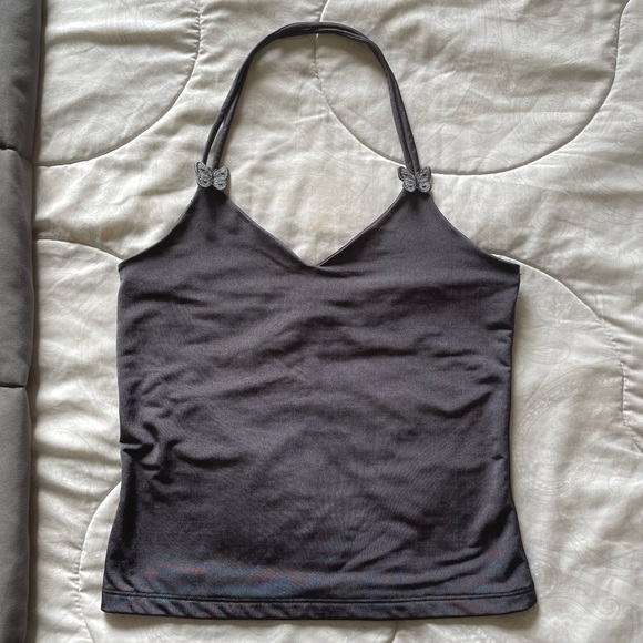 🤍SOLD Vintage 90s dark gray slinky butterfly halter top - Picture 4 of 4